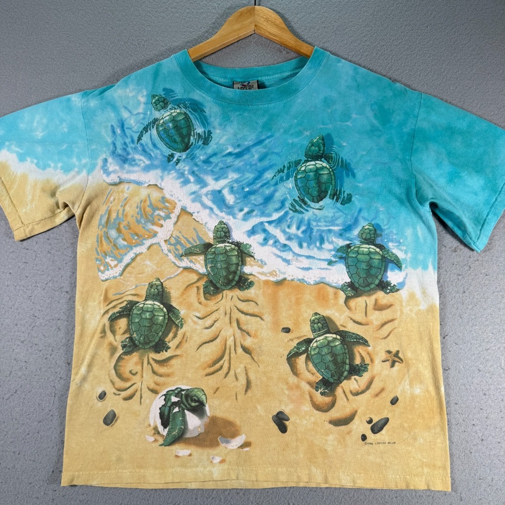 Liquid Blue T-Shirt Adult Medium Blue Sea Turtles Beach Surf AOP Vacation Cotton